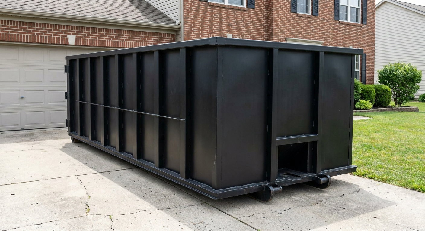 Matte-black 20-yard roll-off container on a Hesperia residential concrete driveway with reinforced ribbed steel sidewalls and a hinged rear walk-in door, clean bright daylight.