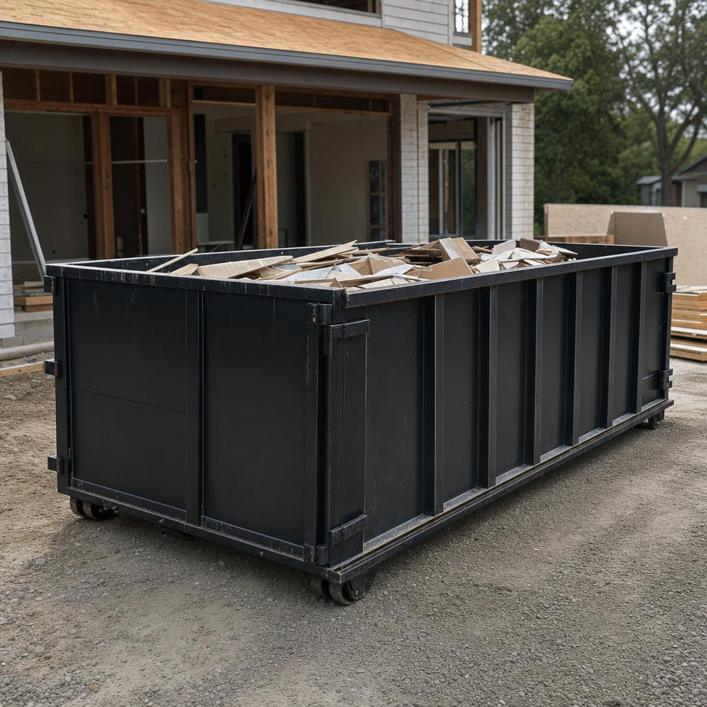 Large matte-black 30-yard construction roll-off dumpster at an active Hesperia jobsite, steel-gray top rails and bottom rollers visible, loaded with construction debris.