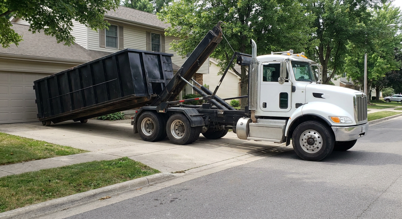 White-cab hooklift roll-off truck actively lowering a matte-black dumpster onto a Hesperia residential concrete driveway, the dumpster's rear wheels touching the driveway as the hoist arm tilts the bed forward, mid-morning daylight.