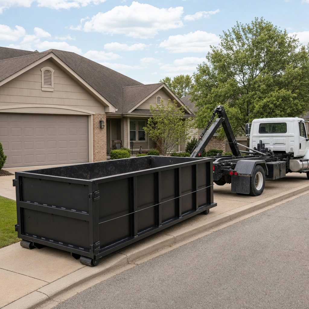 Wide documentary shot of a matte-black roll-off dumpster on a Hesperia residential driveway in the foreground and a contractor jobsite container in the soft-focus background, bright daylight, calm and orderly composition.